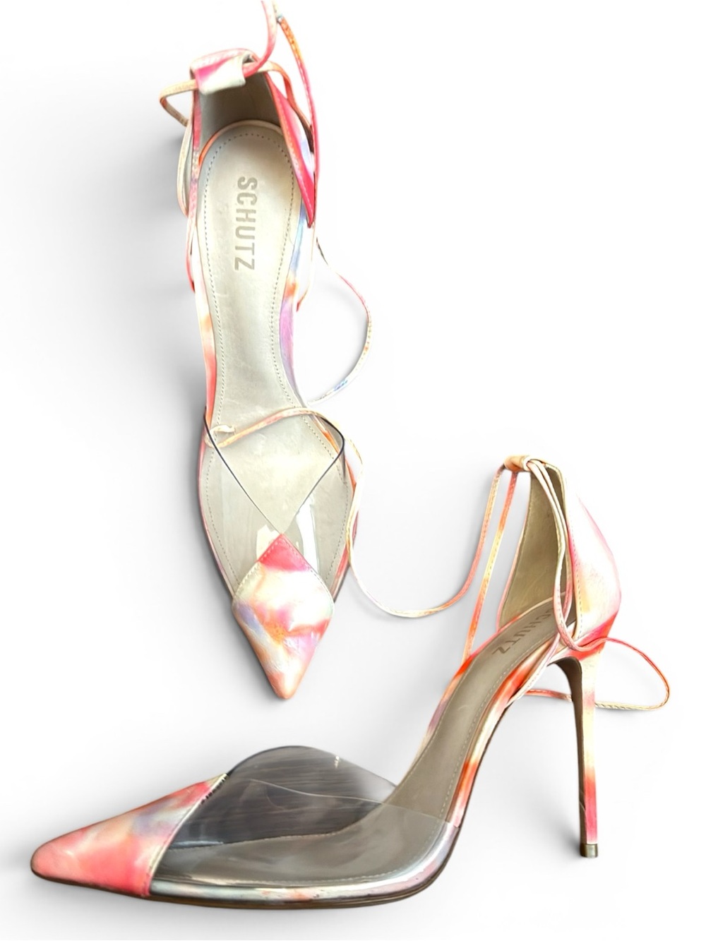 SCHUTZ Pink Coral Multicolor Pointed-Toe Ankle-Tie Stiletto